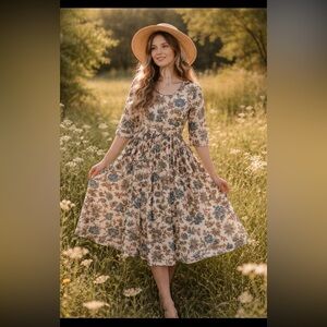 April Cornell Cream Floral Gathered Waist Dress XL Blue Green Praire Cottagecore